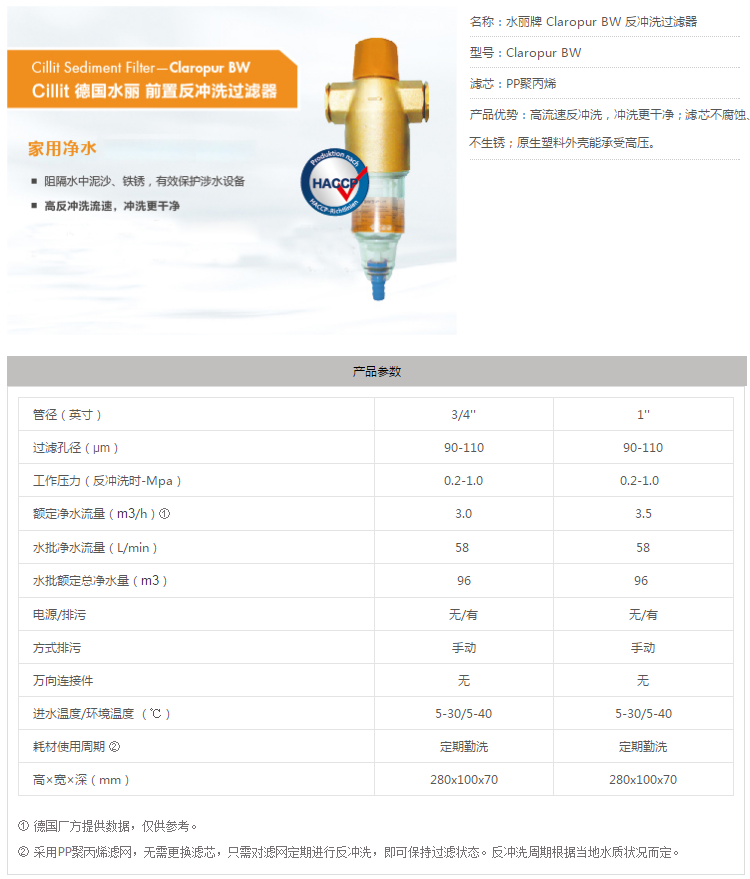 德国水丽牌 Claropur BW 反冲洗过滤器